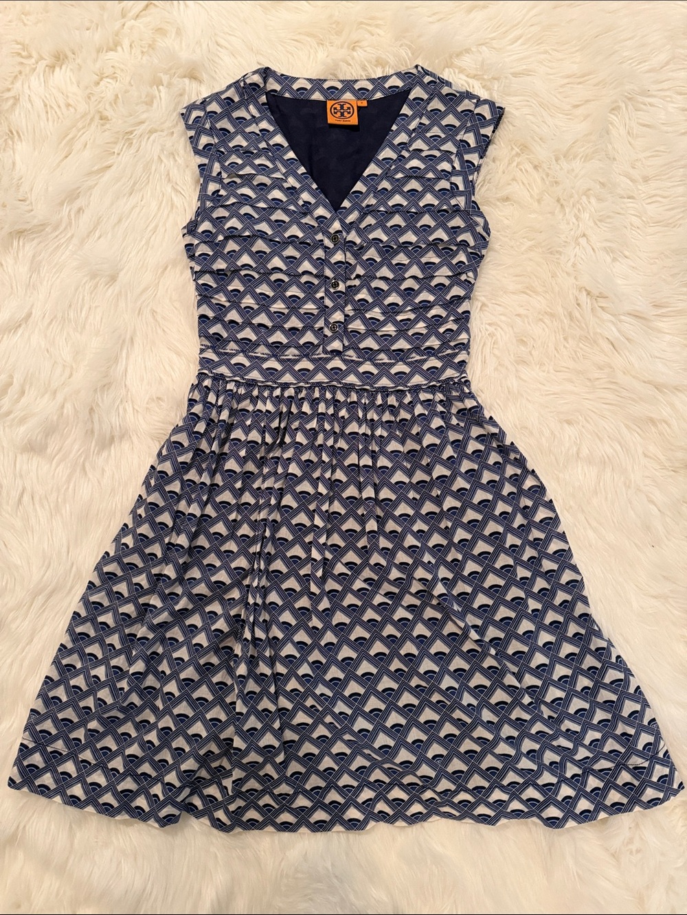 Tory Burch Navy and White Geometric Midi Dress